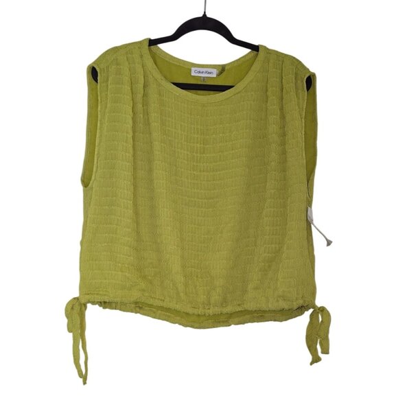 Calvin Klein Womens Textured Lime Green Sleeveless Top With Side Tie Drawstrings - Picture 1 of 5